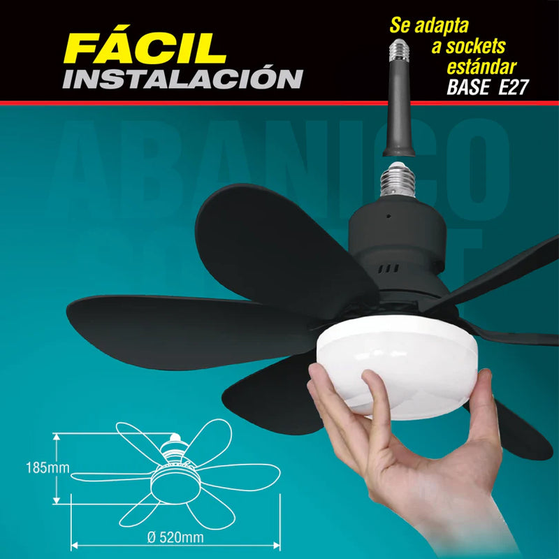 Abanico De Techo 20" socket Negro E27 Con Luz Led Tono ajustable 3000/4000/6500K, 1900 Lumens 6 Aspas 3 CCT 520X185mm