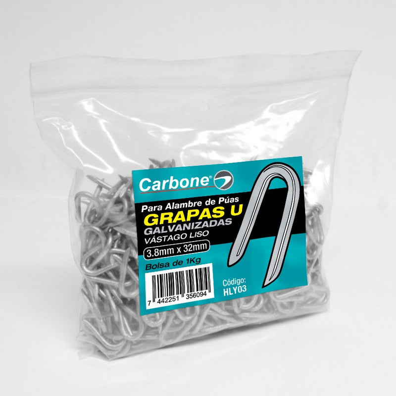 Clavos Grapas U galvanizada de 3.8mm x32 mm. para alambre de puas (Bolsa de 1kg. / 2.2lbs)