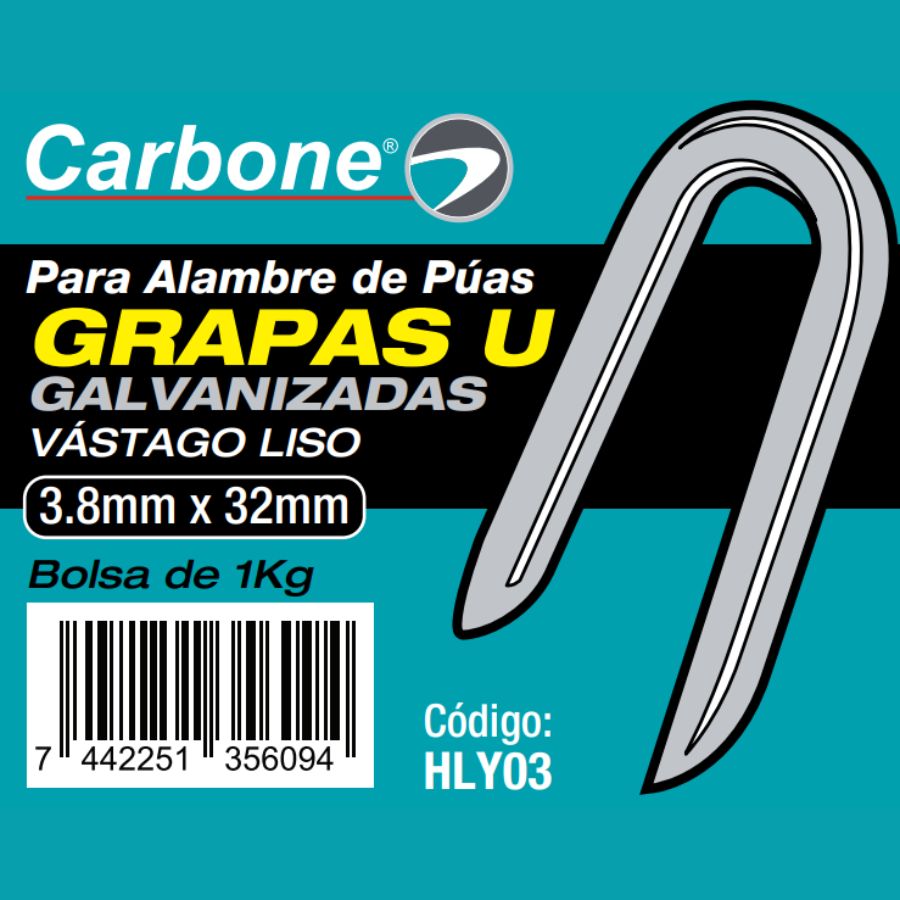 Clavos Grapas U galvanizada de 3.8mm x32 mm. para alambre de puas (Bolsa de 1kg. / 2.2lbs)