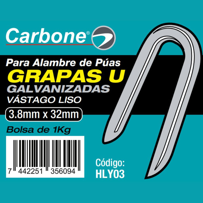 Clavos Grapas U galvanizada de 3.8mm x32 mm. para alambre de puas (Bolsa de 1kg. / 2.2lbs)