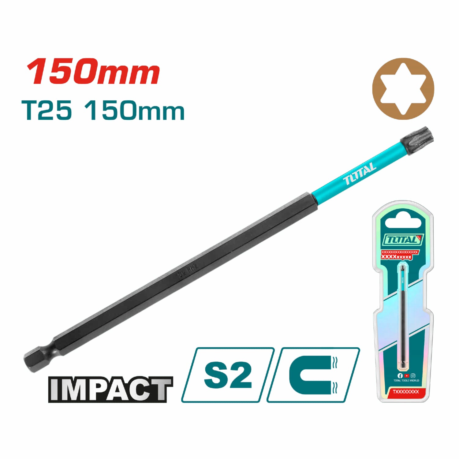 Punta de Destornillador de Impacto T25 150mm Magnético. Tipo Torx larga