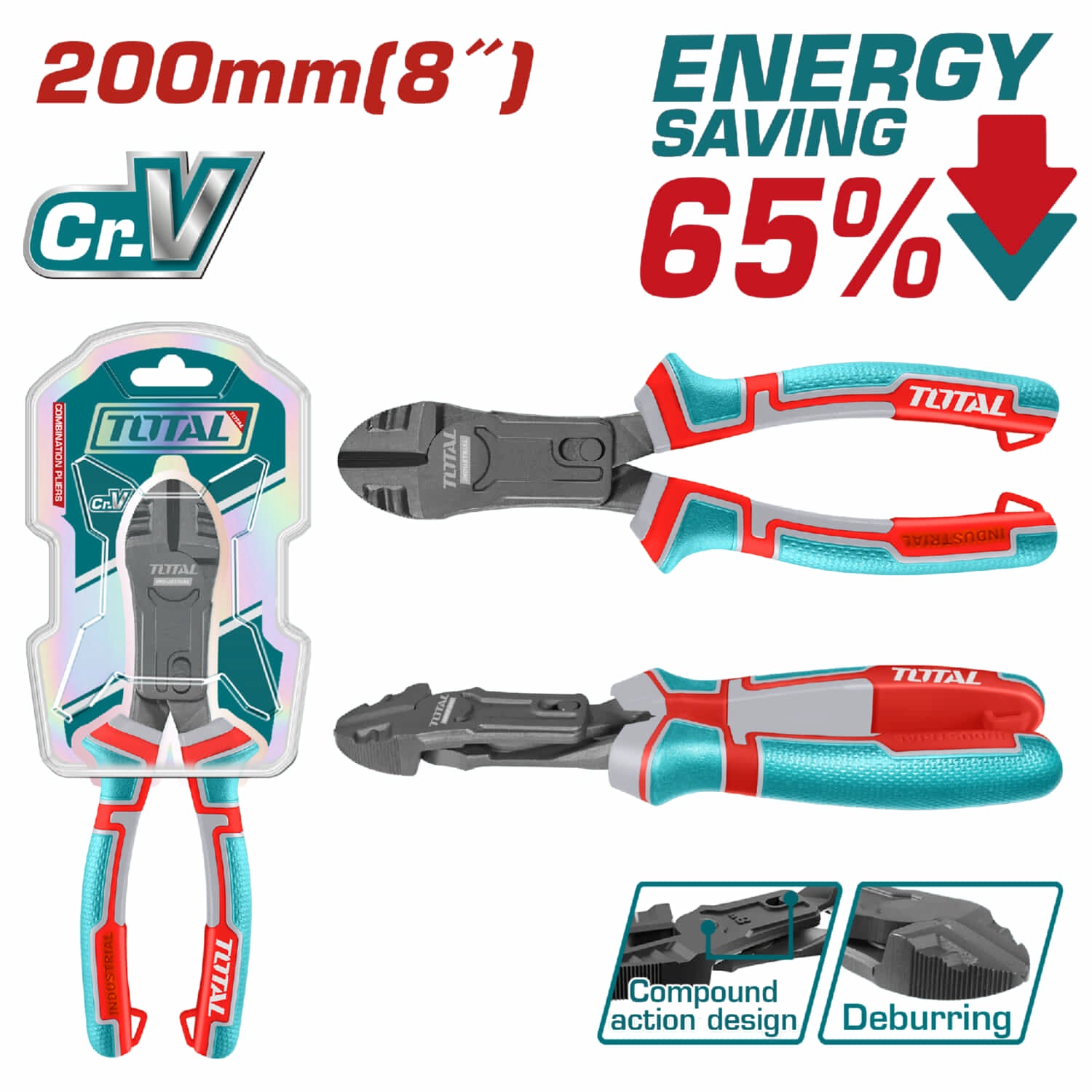 Alicates de corte diagonal de acción compuesta 8" Cr-V 65% ahorro de energía.
