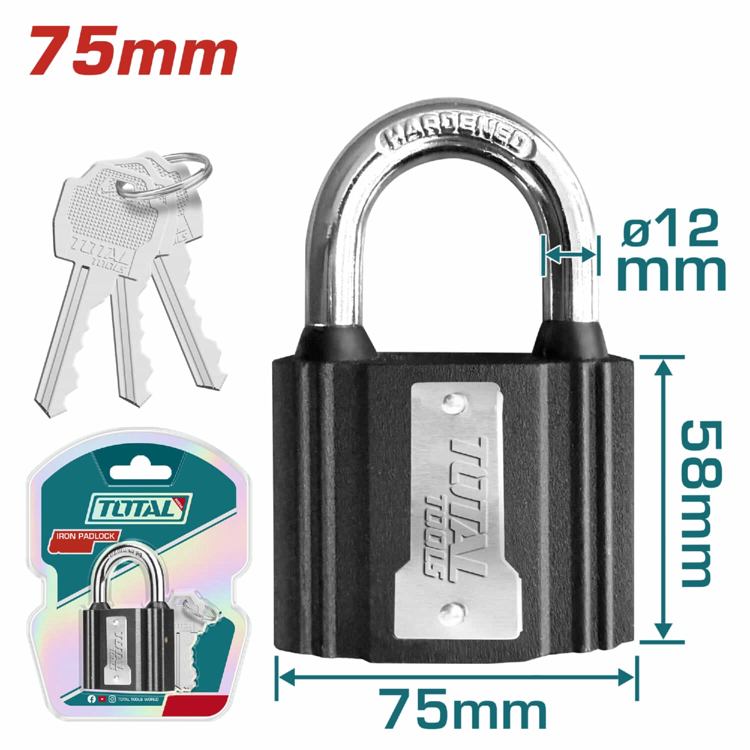 Candado acero antipalanca 75mm. Cilindro de latón. Incluye 3 llaves.