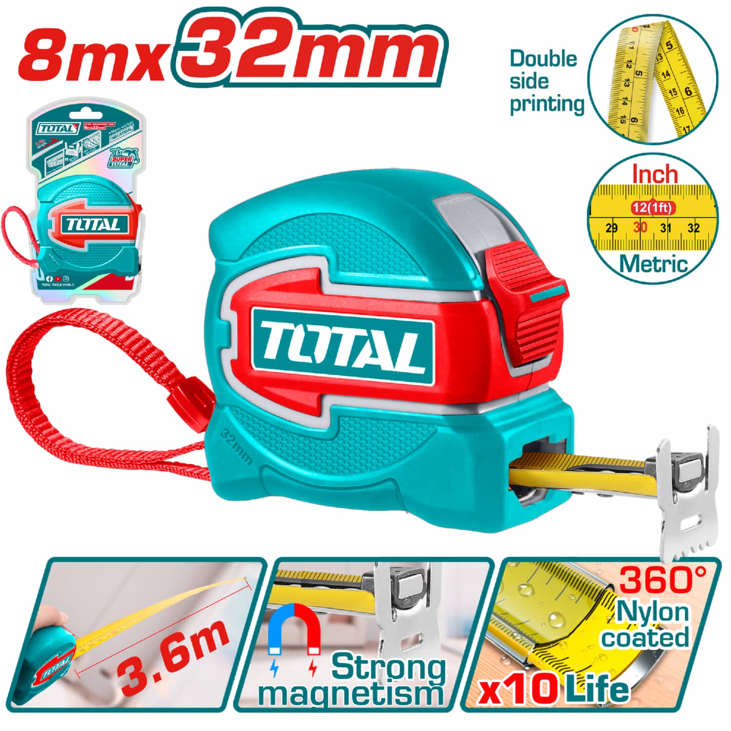 Cinta Métrica de acero (Métrico / Pulgada) de 8m x 32mm. Gancho doble con imán.