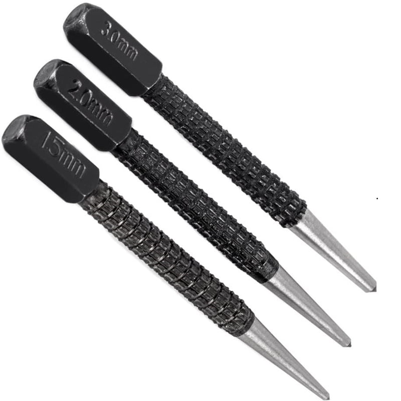 Punzón antideslizante de acero carbono, set de 3 piezas.
