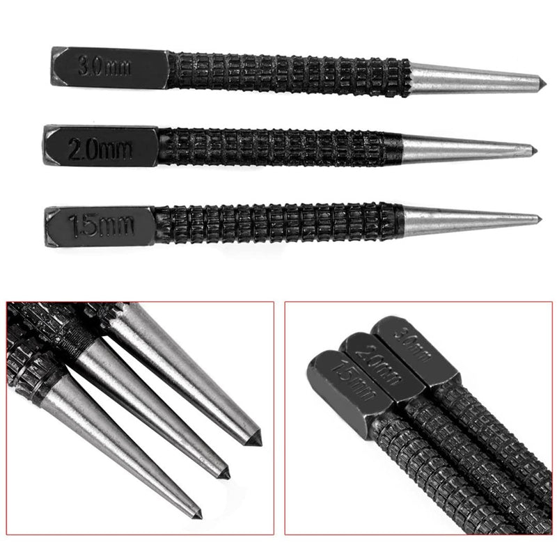 Punzón antideslizante de acero carbono, set de 3 piezas.