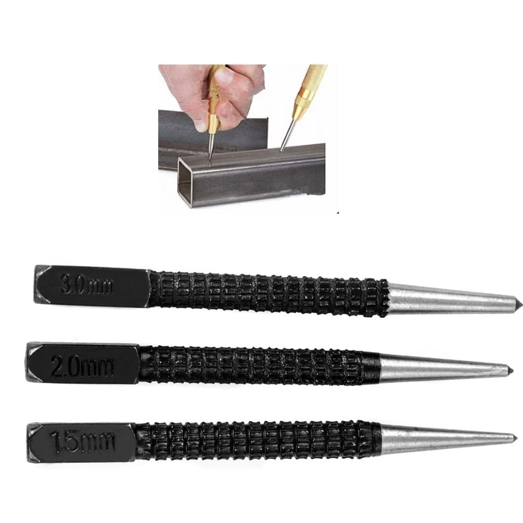 Punzón antideslizante de acero carbono, set de 3 piezas.