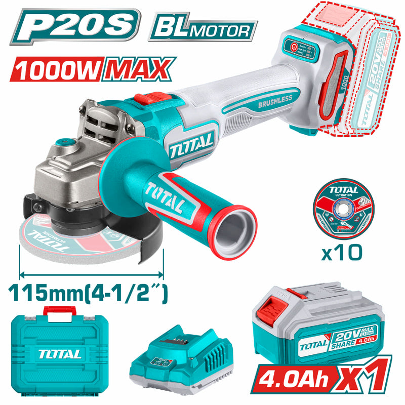 Flexible Esmeriladora Inalámbrica 4-1/2" 20V 1000W. Incluye Discos, Batería, Cargador Y Estuche. Esmeril Angular.