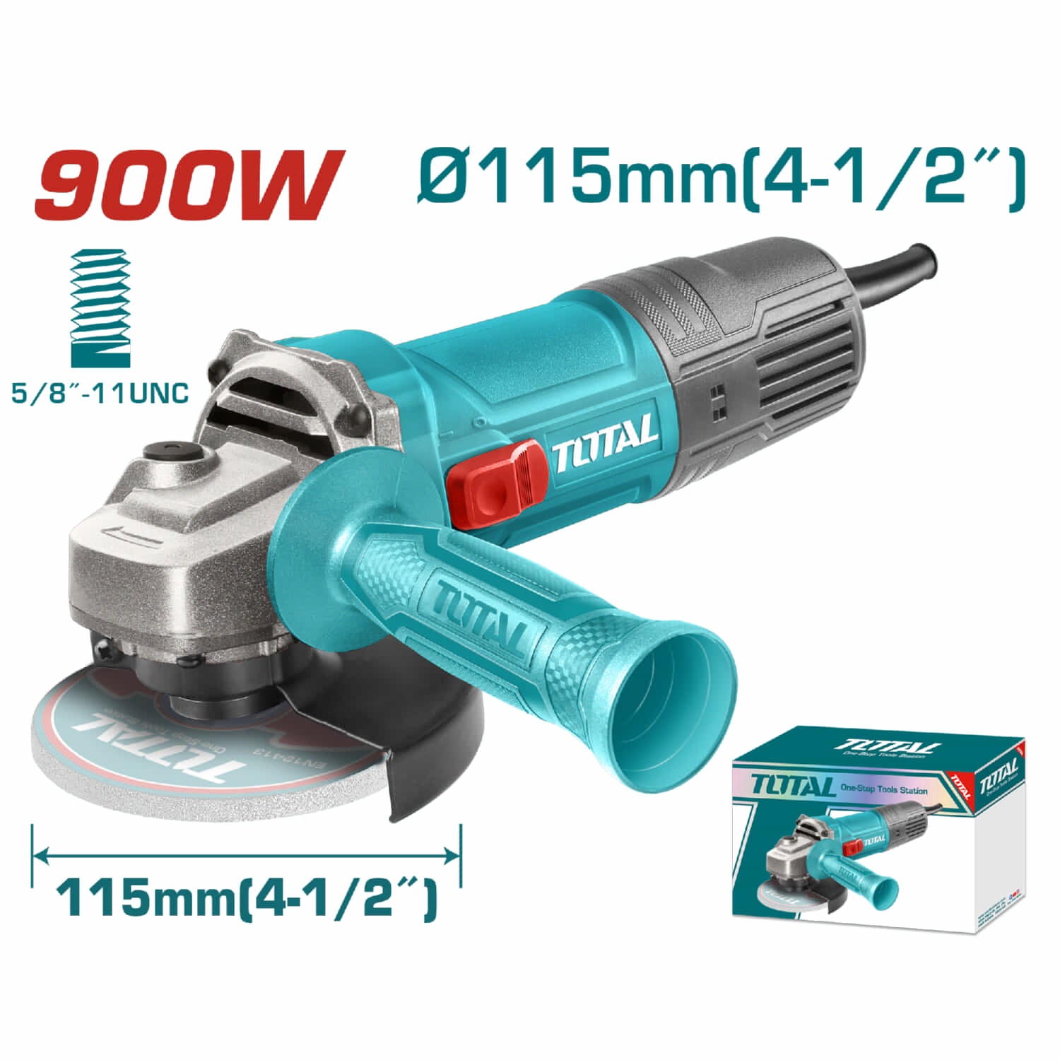 Esmeriladora Angular 900W flexible. Velocidad sin carga: 1000rpm. Diámetro del disco: 4-1/2" Rosca del husillo: 5/8"-11UNC Con mango auxiliar. No incluye disco.