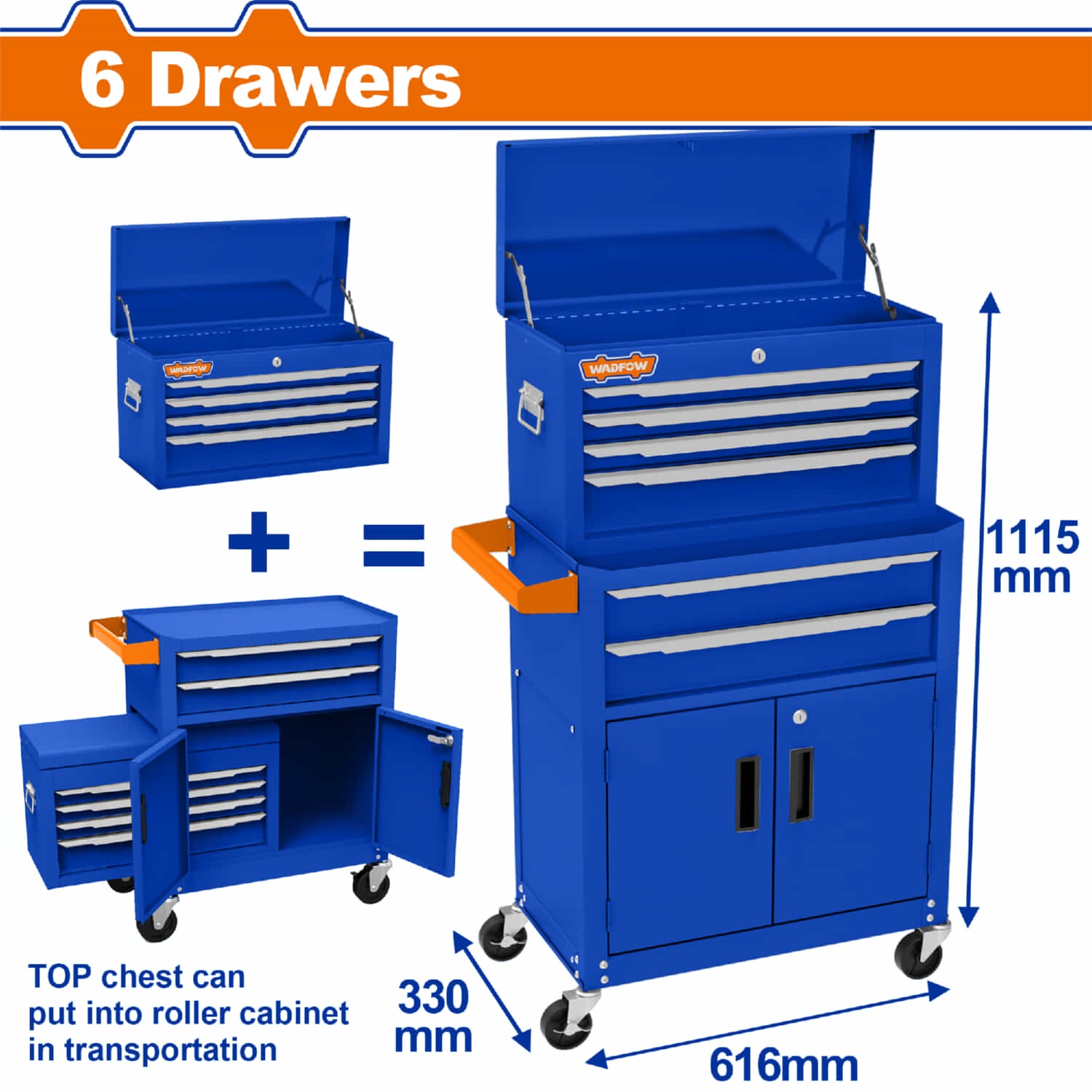Gabinete caja de herramientas con 6 cajones. Tamaño total: 616x330x1115mm. Material: Acero Peso: 26kg Tamaño con ruedas: 616x330x1125mm. Caja de Herramientas con Ruedas.