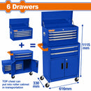 Gabinete caja de herramientas con 6 cajones. Tamaño total: 616x330x1115mm. Material: Acero Peso: 26kg Tamaño con ruedas: 616x330x1125mm. Caja de Herramientas con Ruedas.