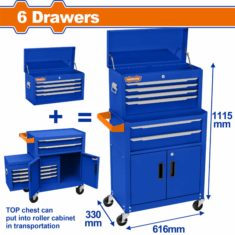 Gabinete caja de herramientas con 6 cajones. Tamaño total: 616x330x1115mm. Material: Acero Peso: 26kg Tamaño con ruedas: 616x330x1125mm. Caja de Herramientas con Ruedas.