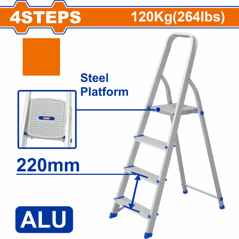 Escalera de Tijera de Aluminio 4 peldaños. Distancia entre peldaños 220mm Resistencia 120kg Alta calidad y durabilidad. Plataforma de Acero.
