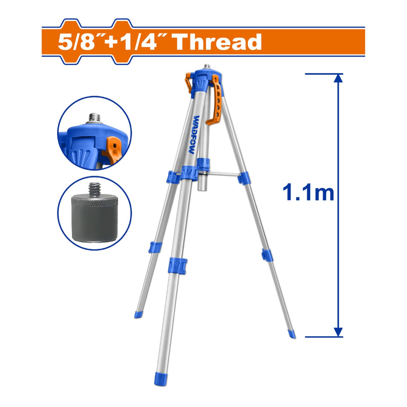 Trípode de Aluminio 5/8" y 1/4". Altura ajustable: 0.45m a 1.1m. Para niveles láser.