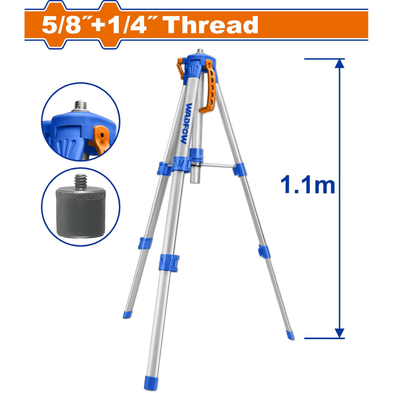 Trípode de Aluminio 5/8" y 1/4". Altura ajustable: 0.45m a 1.1m. Para niveles láser.