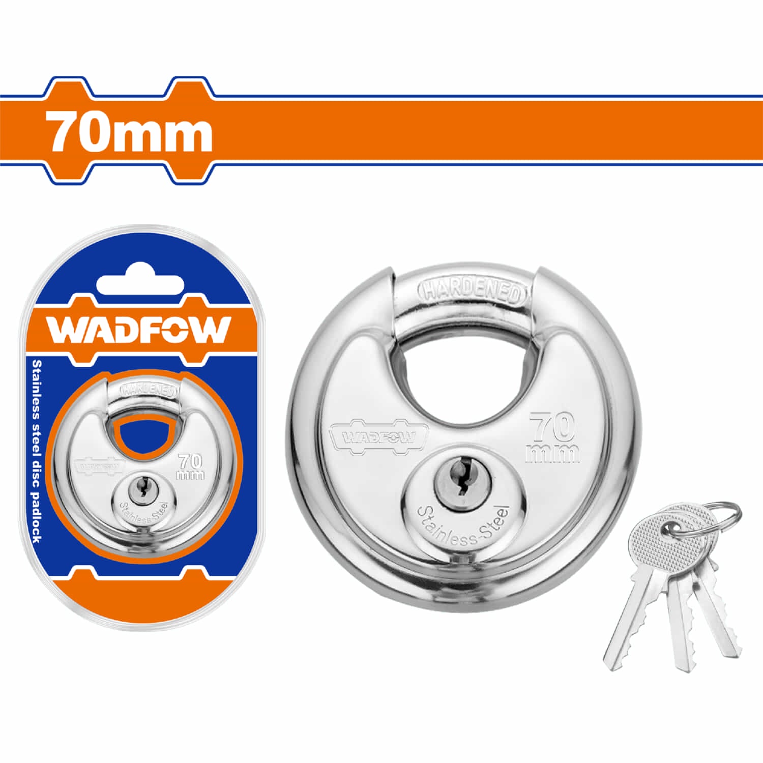 Candado de disco de acero inoxidable 70mm grillete de acero cerrado. Incluye 2 llaves.