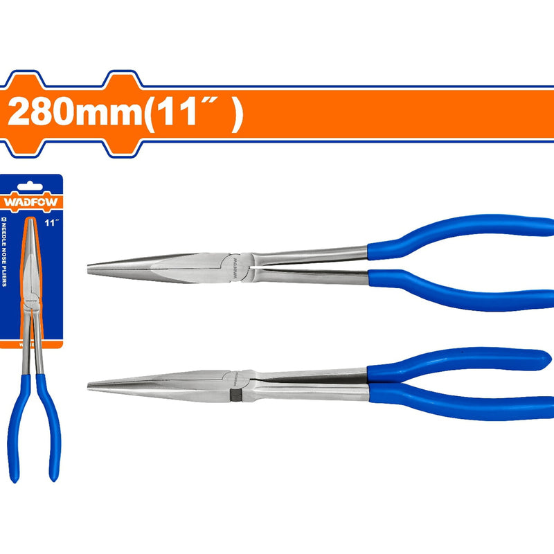 Alicate recto de punta larga 280mm(11") Pulido y antióxido. Con mango de plástico.