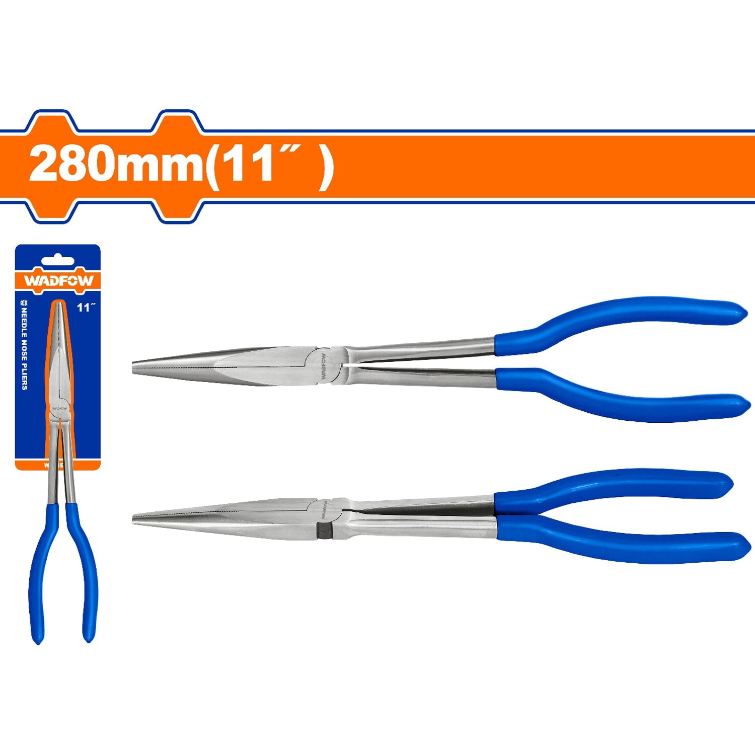 Alicate recto de punta larga 280mm(11") Pulido y antióxido. Con mango de plástico.