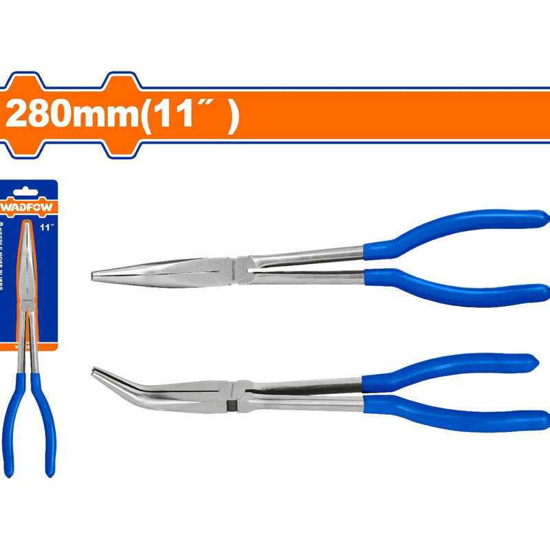 Alicate largo de punta de 45º 280mm(11") Pulido y antióxido. Con mango de plástico.