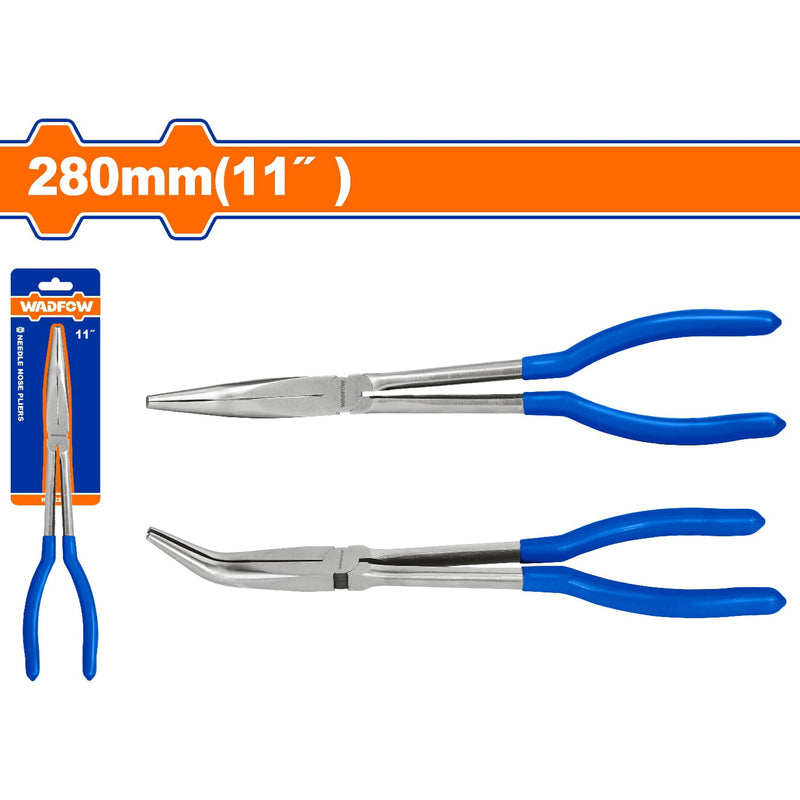 Alicate largo de punta de 45º 280mm(11") Pulido y antióxido. Con mango de plástico.
