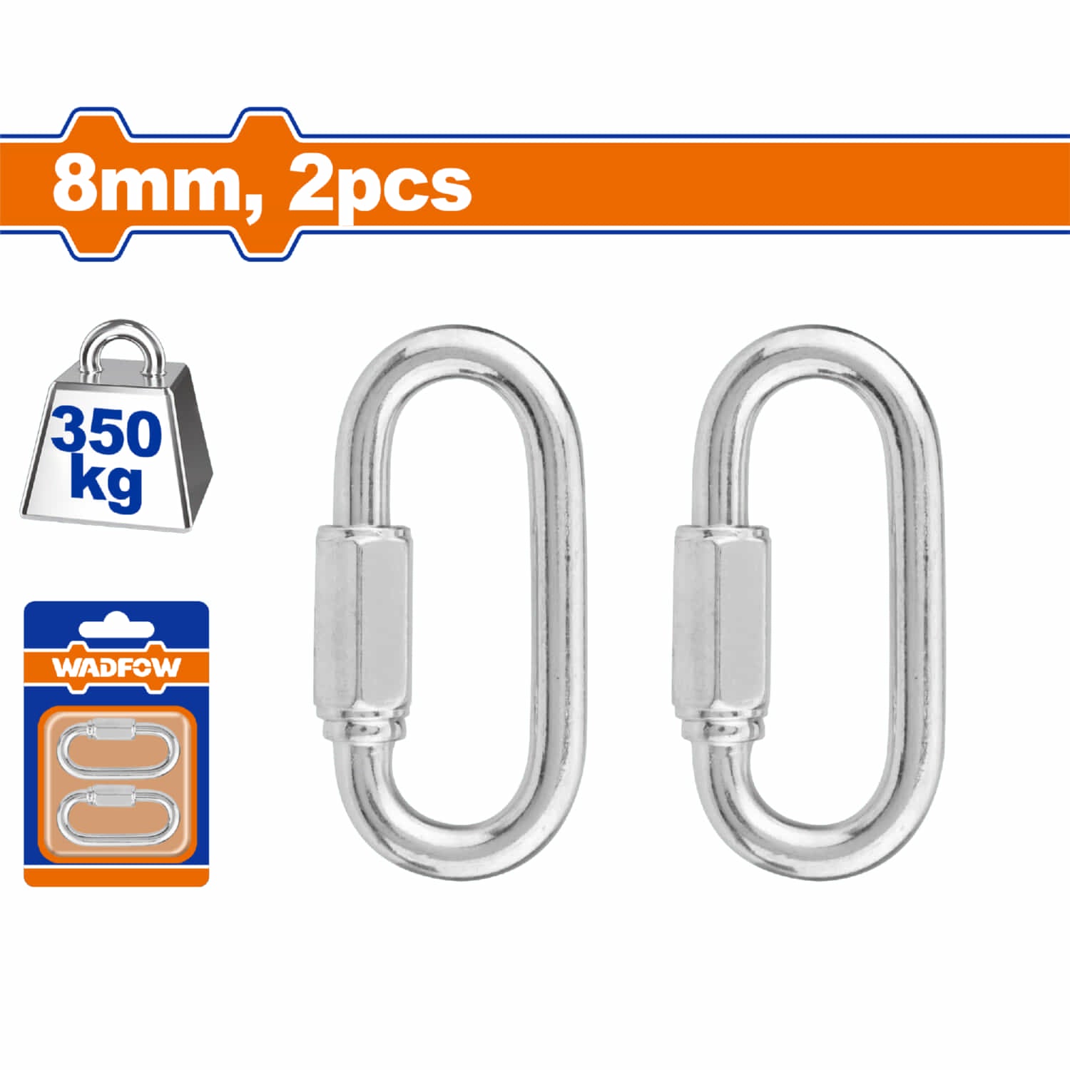 Mosquetones de Seguridad con tuerca roscada. Carga máx 350Kg. Acero al carbono. Set de 2 piezas. Eslabon con seguro.
