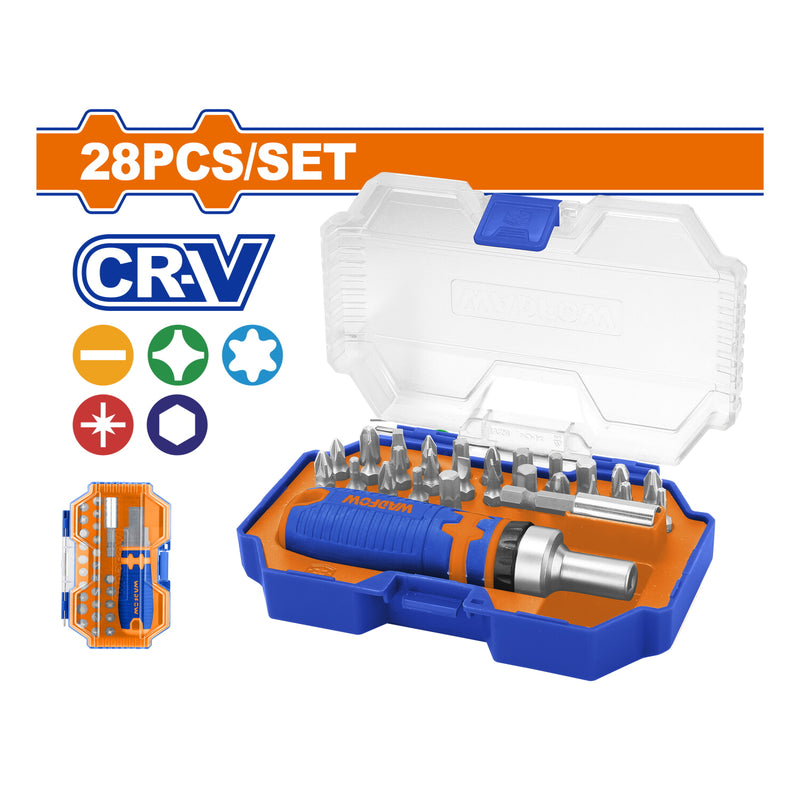 Portapuntas de Destornillador. 28 piezas. CR-V. Incluye: Puntas, mango y portapuntas.