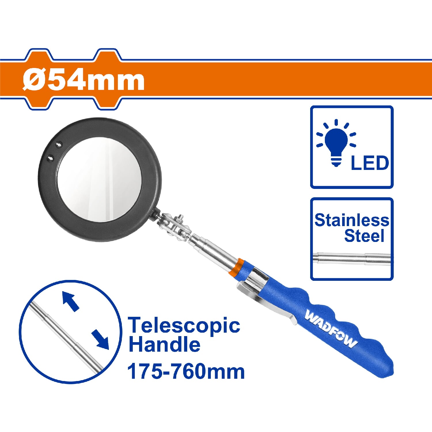 Espejo de inspección Teléscopica con Iluminación LED. Diám: 54mm. Long: 290mm-880mm. Mango PVC.