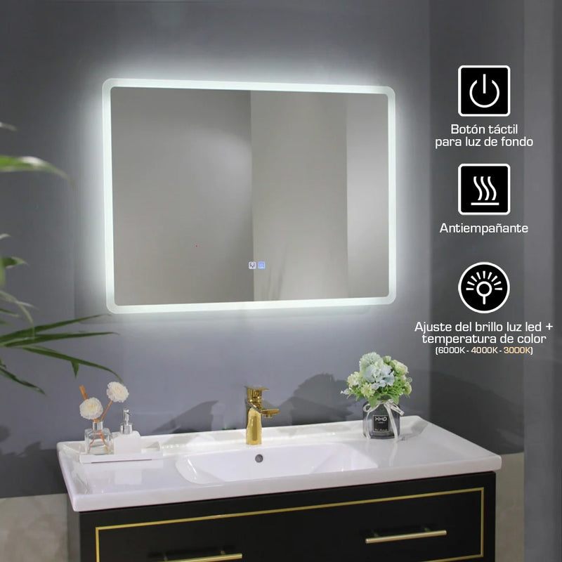 Espejo rectangular con luz led y sistema antiempañante (Alto 50 cm x Largo 70 cm) baño