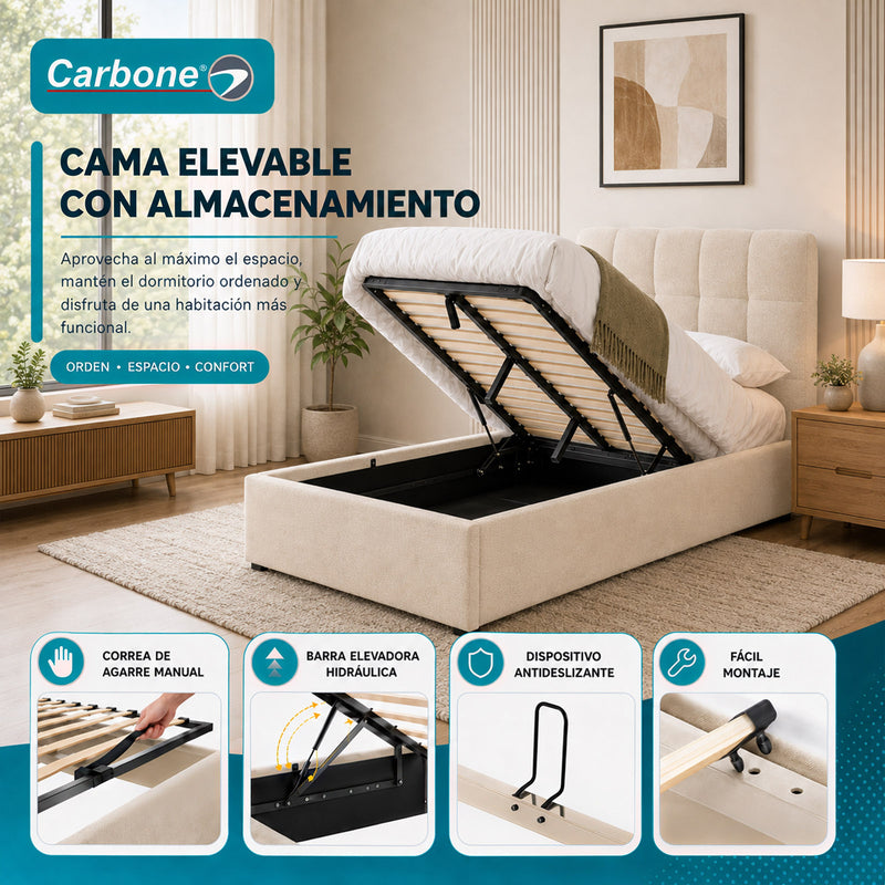 Camas Baúl Tapizadas De Pana Con Almacenamiento Elevable Hidraúlico Y Cabecero Moderno. Color Crema