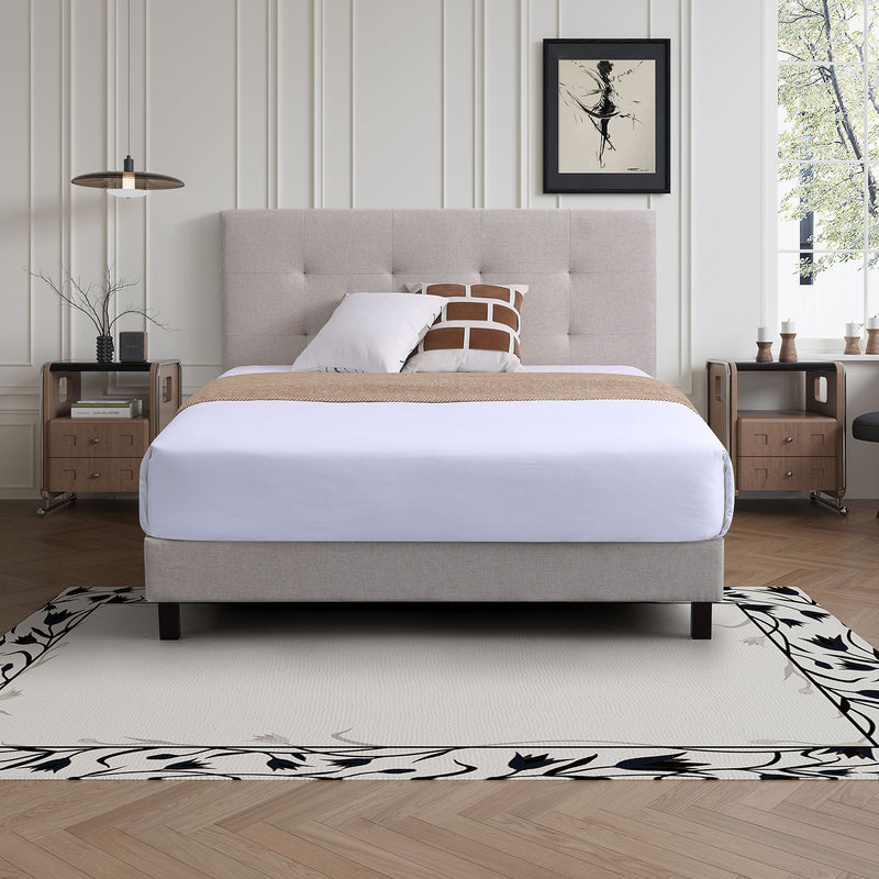 Cama 152x203x35cm QUEEN fácil de armar color Beige respaldar cabecera acolchado alto