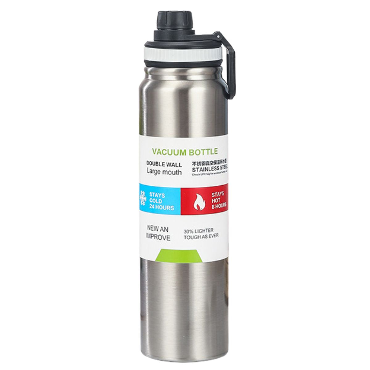 Botella de agua térmica 800ml. Termo de doble pared. Acero inoxidable. Color plateado.