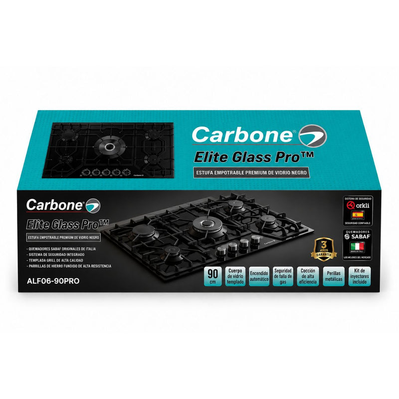 Estufa Empotrable  A Gas Elite Glass Pro De Vidrio Negro con  5 Quemadores SABAF y Sistema de Seguridad Orkli Integrado (90cm)