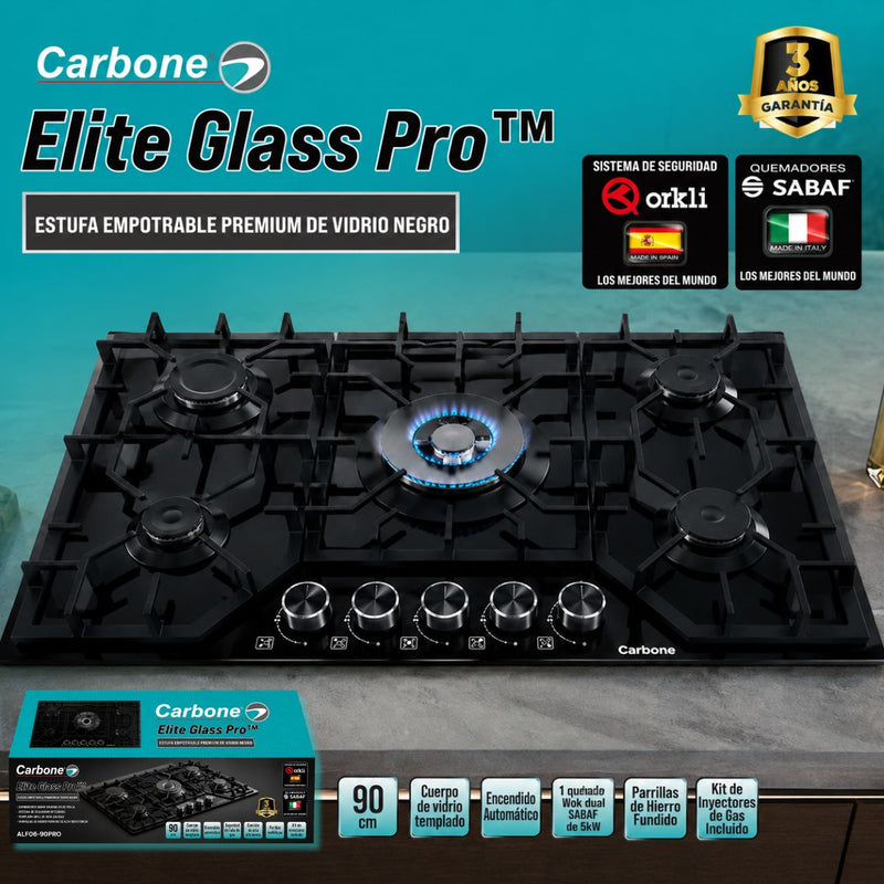 Estufa Empotrable  A Gas Elite Glass Pro De Vidrio Negro con  5 Quemadores SABAF y Sistema de Seguridad Orkli Integrado (90cm)