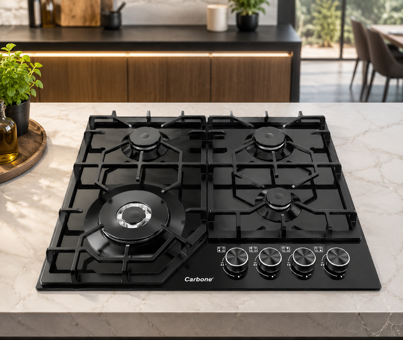 Estufa Empotrable a Gas Elite Glass Pro De Vidrio Negro con 4 Quemadores SABAF Sistema de Seguridad Orkli Integrado (60cm)
