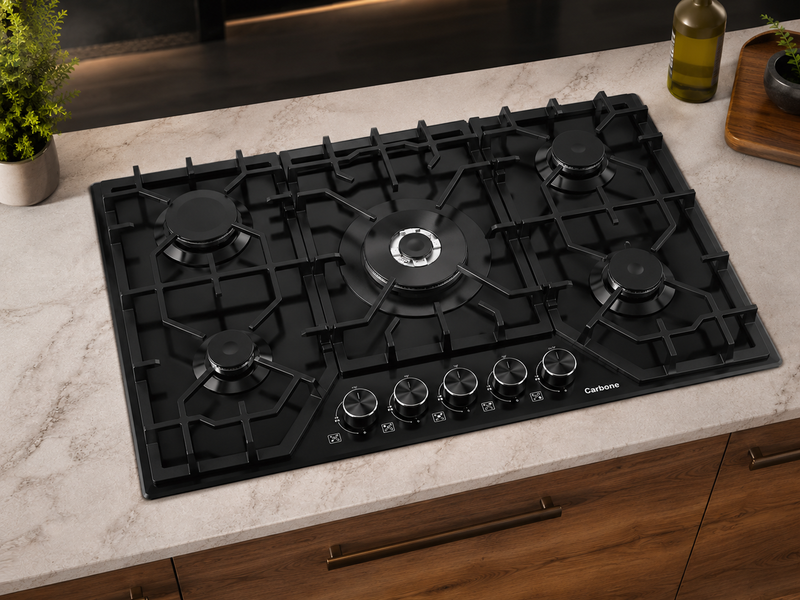Estufa Empotrable  A Gas Elite Glass Pro De Vidrio Negro con  5 Quemadores SABAF y Sistema de Seguridad Orkli Integrado (75cm)