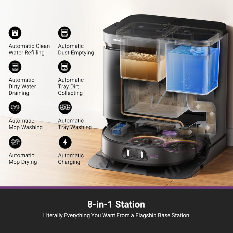 Robot Trapeador Aspiradora Eureka J15 Pro Ultra Negra 16,200Pa con Base 8 en 1, Agua Caliente y AI