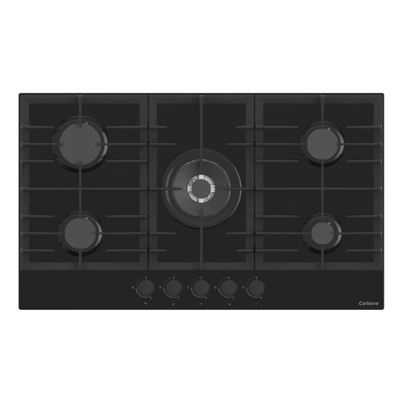 Estufa Empotrable 90 cm BE Vidrio Templado Negro, 5 Quemadores SABAF + Wok 5kW, 110V