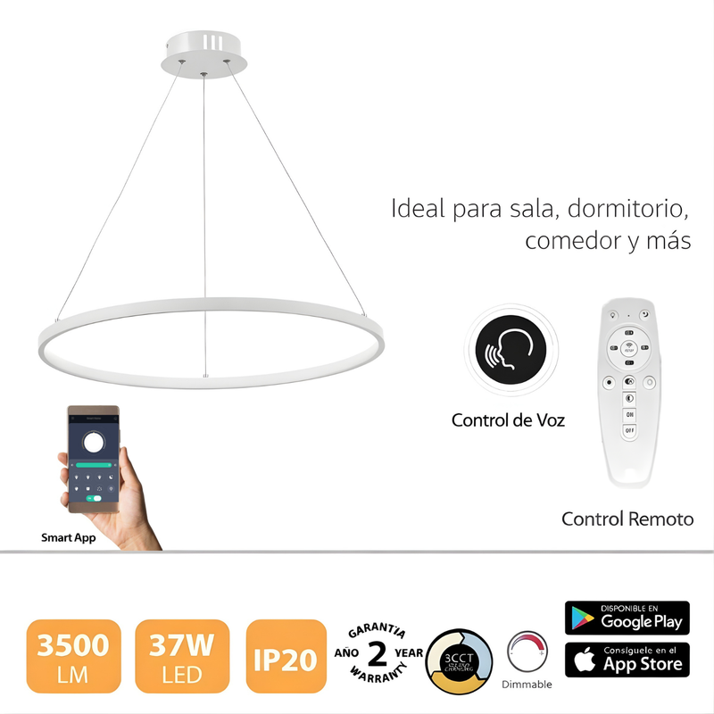 Lámpara Colgante LED Smart 37W 3500 Lúmenes Dimeable 3000K-6500K con App, Voz y Control Remoto. 1500x600mm