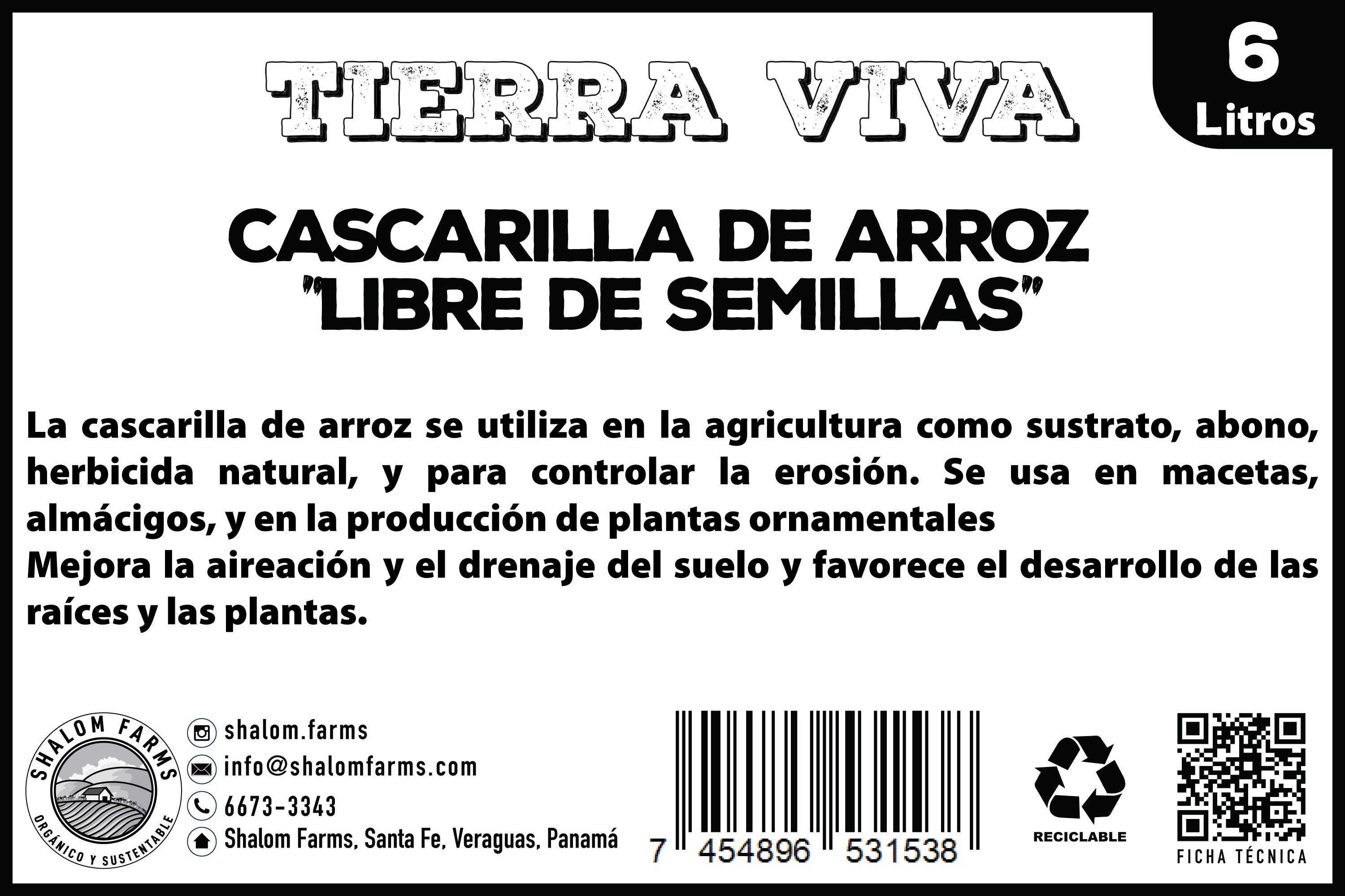 Cascarilla de Arroz " Libre de semillas” 6 litros