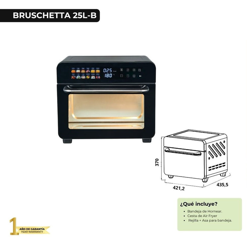 Horno eléctrico y freidora de aire de 25 litros con 12 funciones. Color negro, modelo Bruschetta Drija