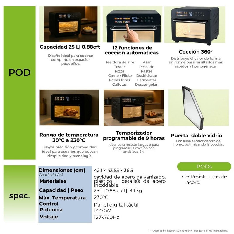 Horno eléctrico y freidora de aire de 25 litros con 12 funciones. Color negro, modelo Bruschetta Drija