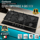 Estufa Empotrable 90 cm BE Vidrio Templado Negro, 5 Quemadores SABAF + Wok 5kW, 110V