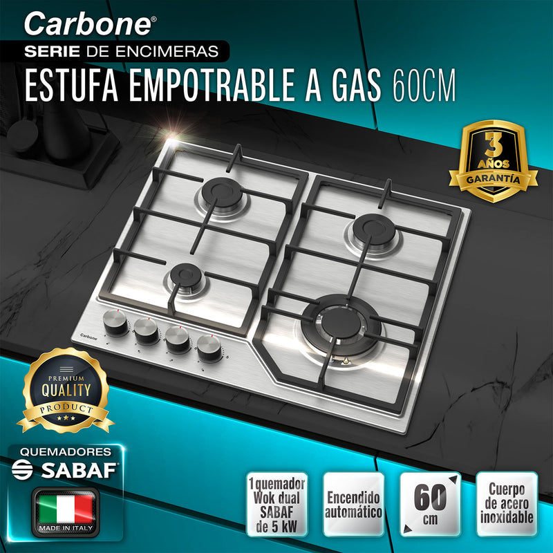 Estufa Empotrable a Gas y Eléctrica 60 cm 3 Quemadores y 1 Wok Dual 5kW, Acero Inoxidable 110V