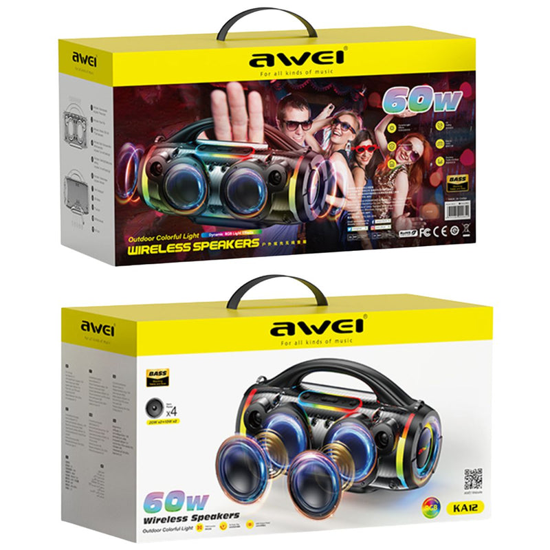 Bocina Bluetooth 5.3 Portátil de 60W RMS. Speaker parlante Inalámbrico con Luces LED RGB. Altavoz Recargable de Alta Potencia.
