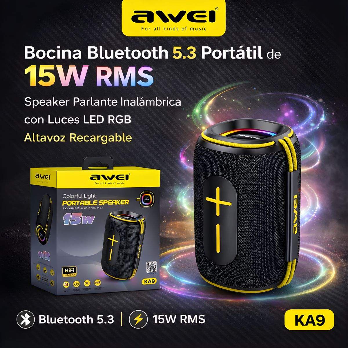 Bocina Bluetooth 5.3 Portátil de 15W RMS. Speaker Parlante Inalámbrica con Luces LED RGB. Altavoz Recargable.
