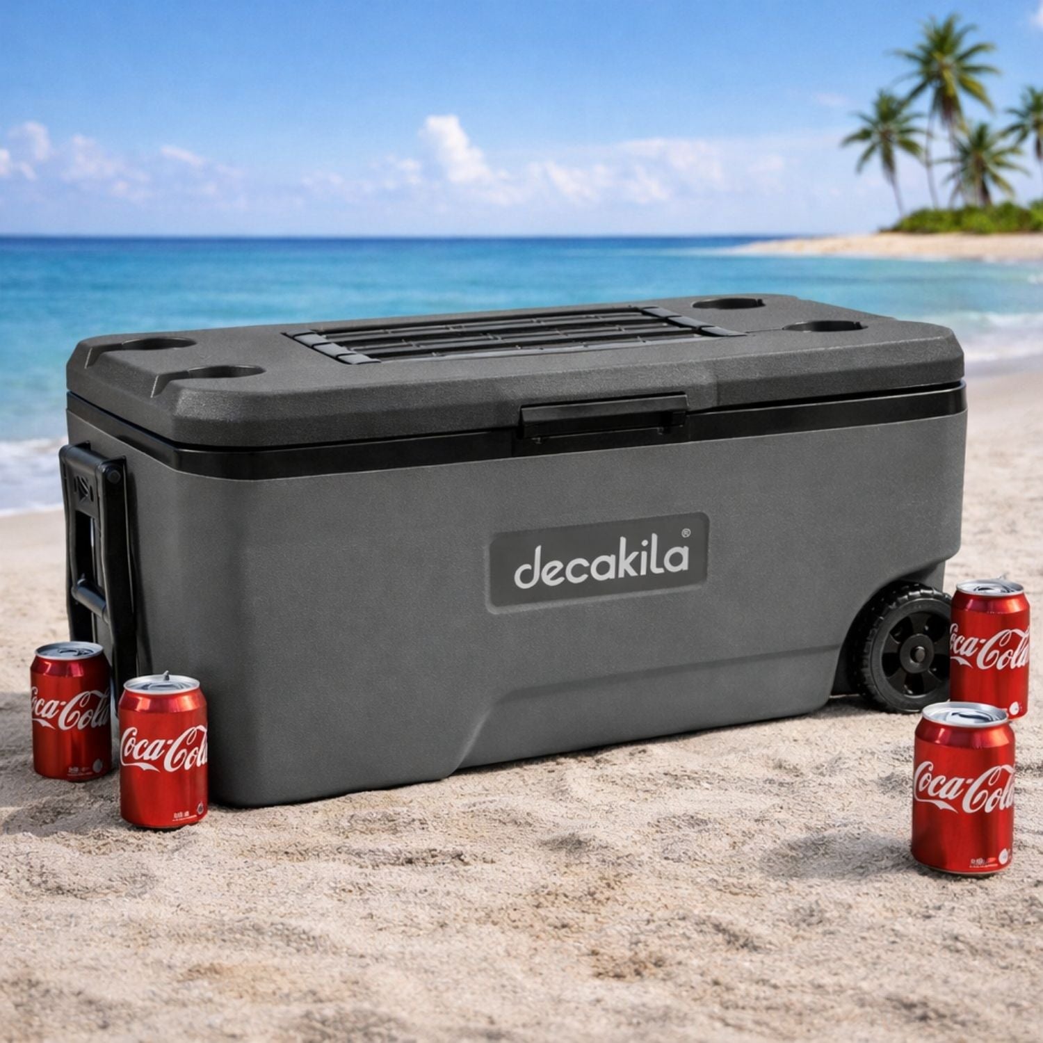 Hielera portátil rígida 87 L (92 QT) con ruedas y asa. Tiempo Frío 120 h. 86.9 × 44.2 × 45 cm. Ideal para camping, playa y picnic. Capacidad: 54 latas (550 ml).
