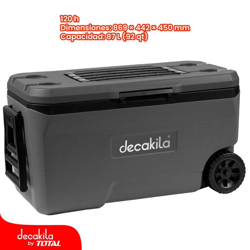 Hielera portátil rígida 87 L (92 QT) con ruedas y asa. Tiempo Frío 120 h. 86.9 × 44.2 × 45 cm. Ideal para camping, playa y picnic. Capacidad: 54 latas (550 ml).