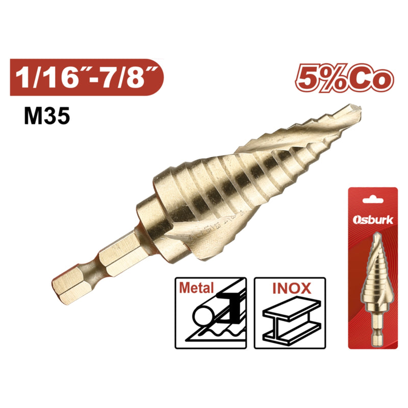 Broca Escalonada HSS M35 3/16" - 7/8" Hexagonal 5% Cobalto Pasos 1/16"