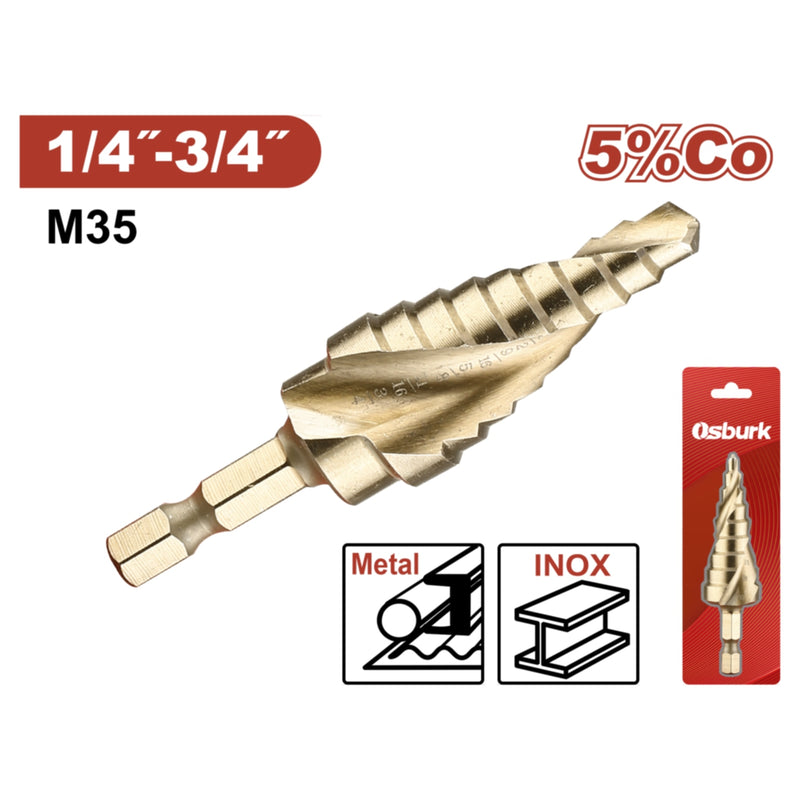 Broca Escalonada HSS M35 1/4"- 3/4" Hexagonal 5% Cobalto Pasos 1/16"
