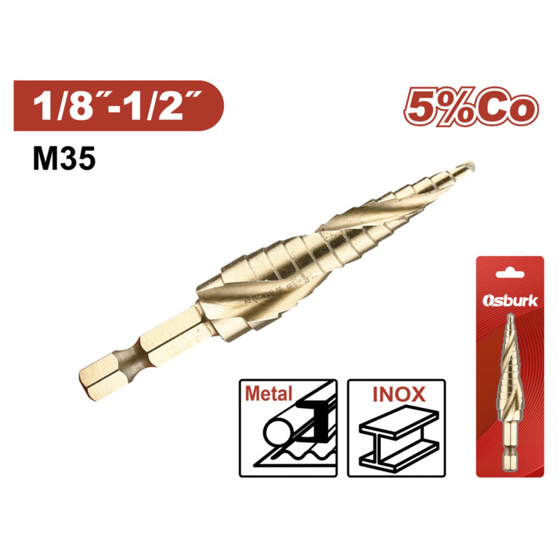 Broca Escalonada HSS M35 1/8"-1/2" Hexagonal 5% Cobalto Pasos 1/32"